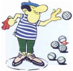 A cartoon man playing petanque