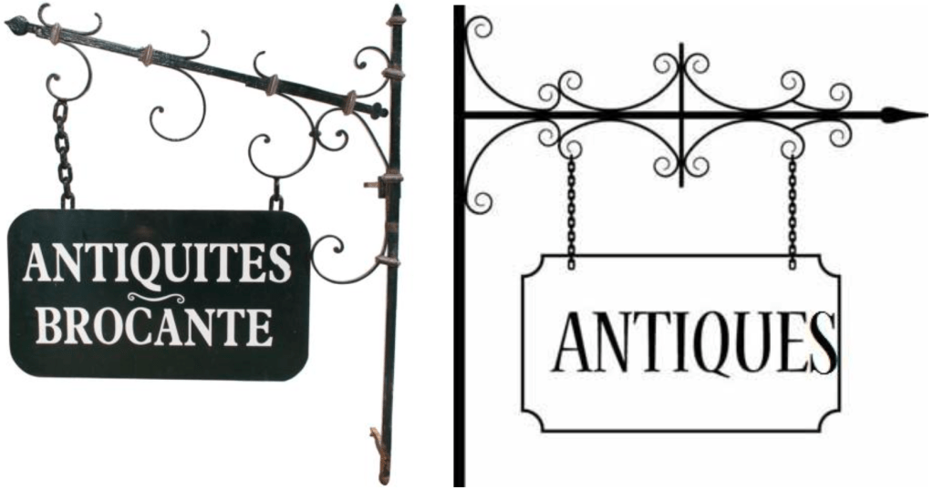 two ornate signs labelled 'antiques'